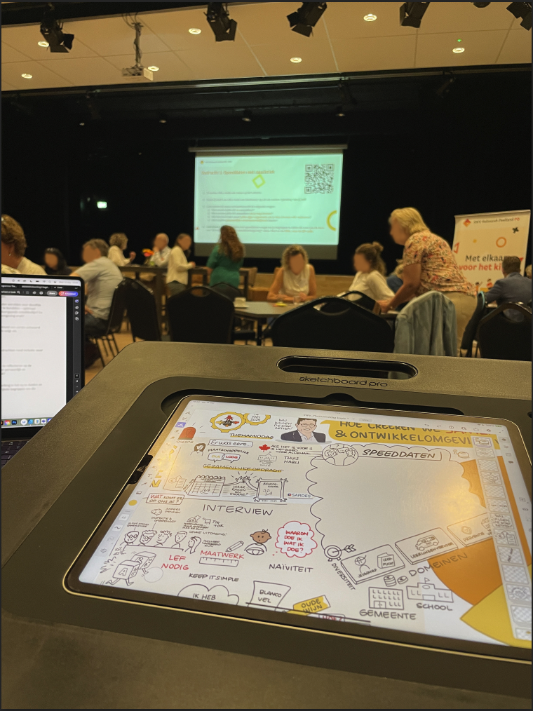 Een Sketchboard Pro met daarin een iPad met daarop een tekening van de ruimte: stoelen en mensen, zittend en staand aan tafels. Links staat een laptop. Voor het podium staat een banner met de tekst 'Met Elkaar voor het kind'. Op het podium hangt een scherm met tekst en QR-code.
